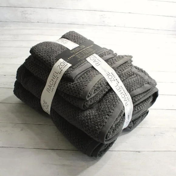 Rachel Zoe Bath Towel Set 100% Cotton Gray Bath Hand Washcloth 6 Piece